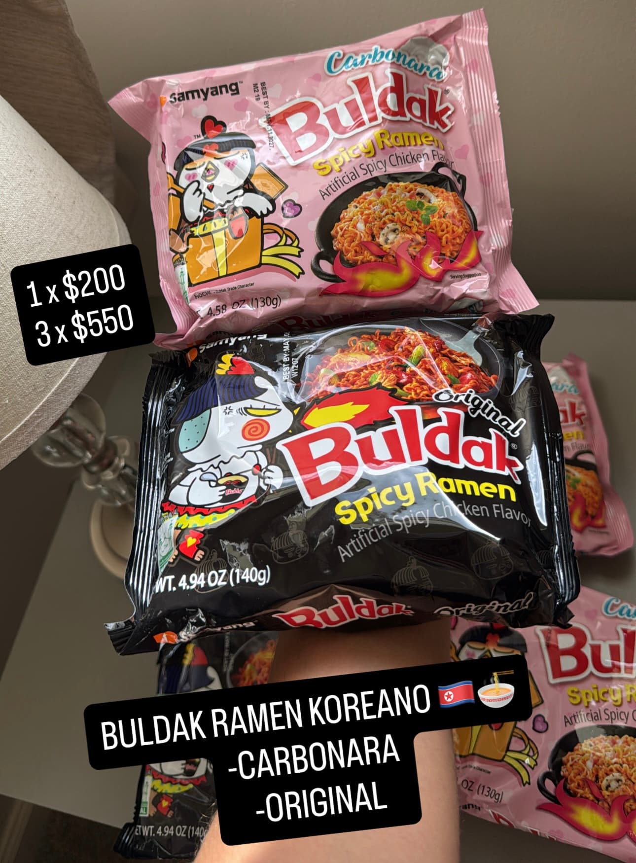 Samyang Buldak Spicy Ramen Coreano Original y Carbonara