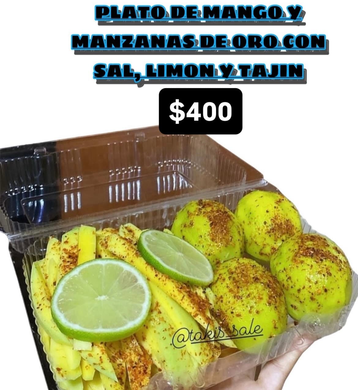 Plato de mango y manzanas de oro con sal, limón y Tajín