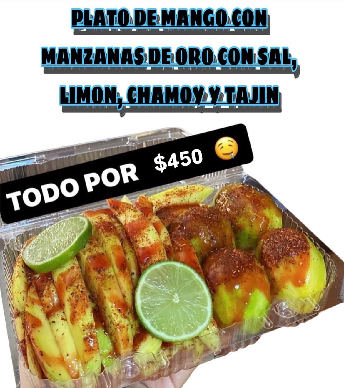 Plato de mango con manzanas de oro, sal, limón, chamoy y Tajín
