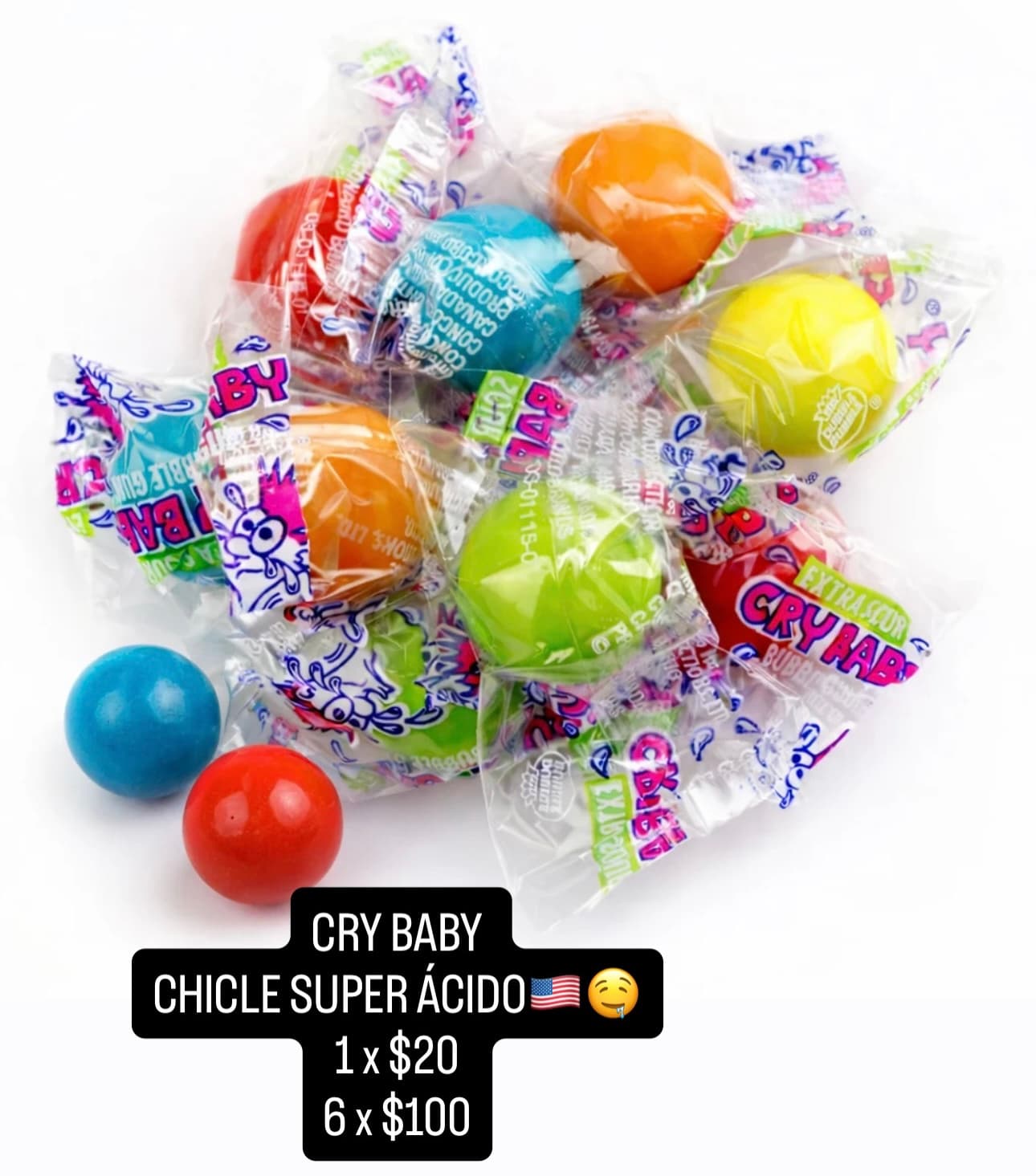 Cry Baby Extra Sour Bubble Gum, chicle en bola surtido